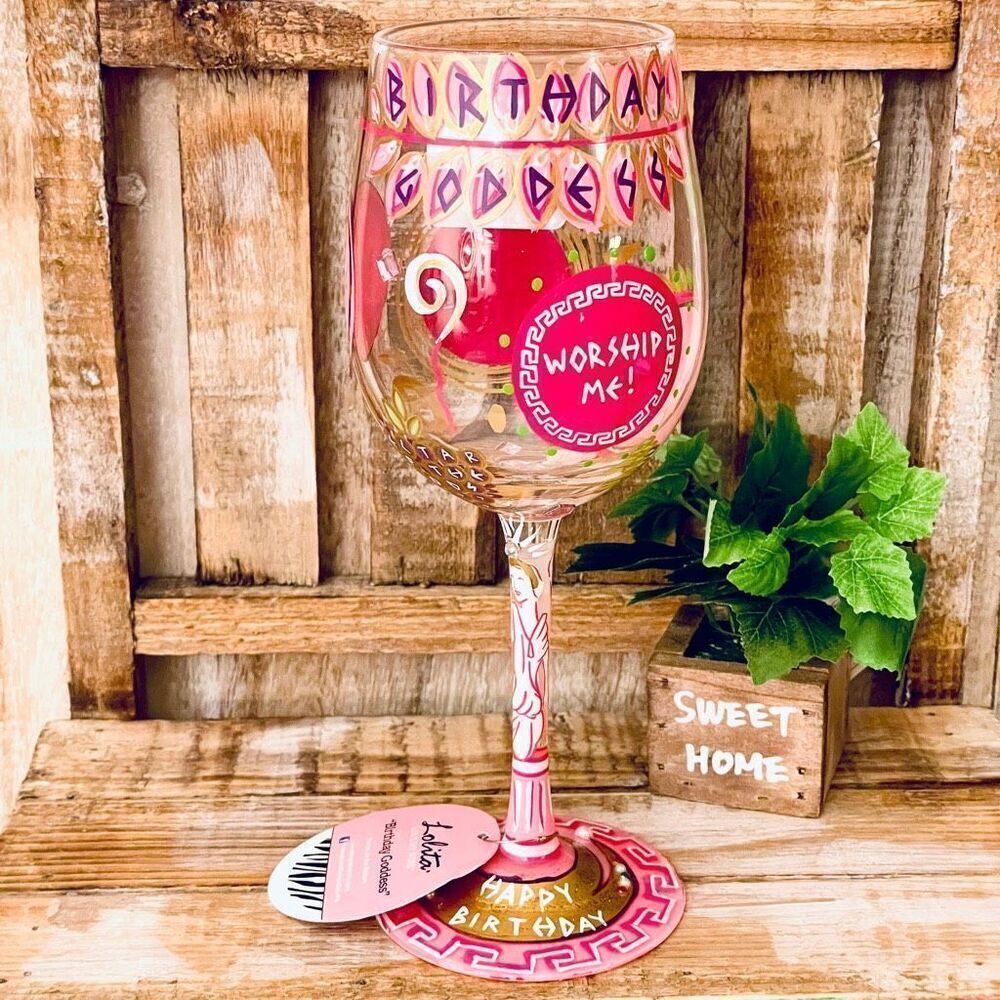 NWT Gorgeous Lolita Collector's 13 oz Birthday Goddess Pink Wine Stem Wine Glass